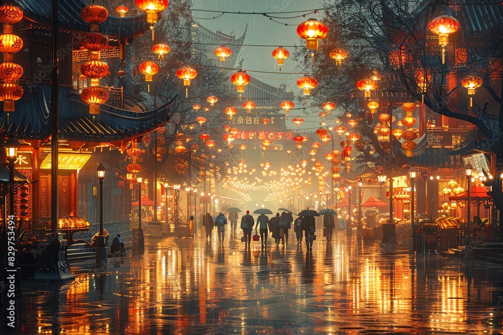 Rainy night in a Chinese city with lanterns and people walking. Rainy night in a Chinese city with lanterns and people walking.