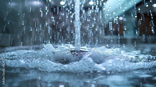 An illuminated shower head with water splashing and bokeh lights  in a dark setting