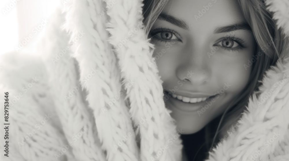 A woman is smiling and her face is partially covered by a white blanket. Concept of warmth and comfort, as the woman is wrapped in a cozy blanket while looking at the camera