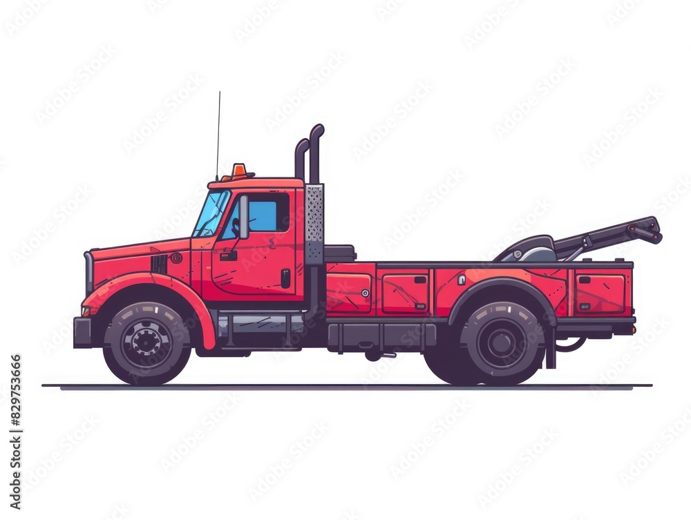 A red tow truck with a yellow light on top. The truck is parked on a white background