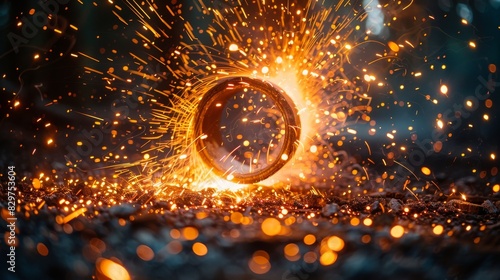 Intense close-up of fiery sparks flying from a revolving ring against a dark background photo