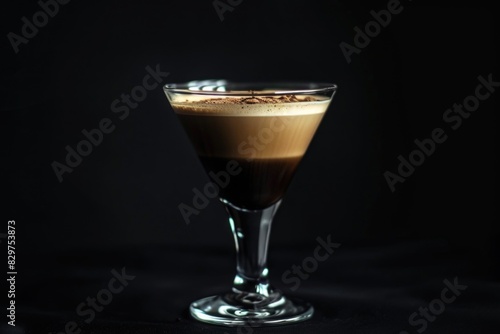 A shot of a martini glass filled with a dark brown liquid. The glass is sitting on a black table