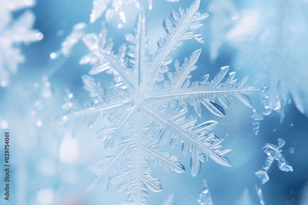 A snowflake is frozen in a blue sky. The snowflake is the main focus of the image, and it is the most detailed and intricate part of the scene. The blue sky in the background creates a serene
