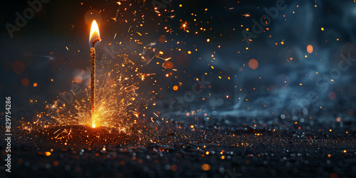 A candle burning with sparks shooting out of it on a black background New Years fireworks photo