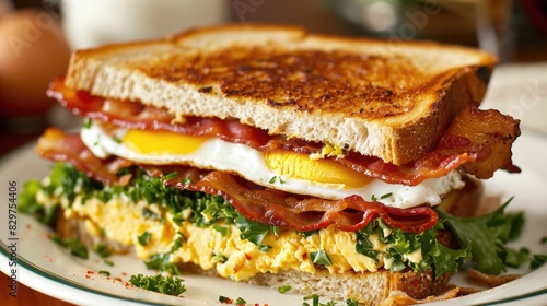 A sandwich with bacon and egg on a white plate. The sandwich is toasted and has a green leaf on top