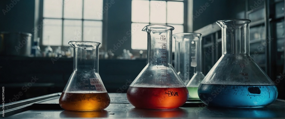 Beakers filled with chemicals Beakers filled with chemicals