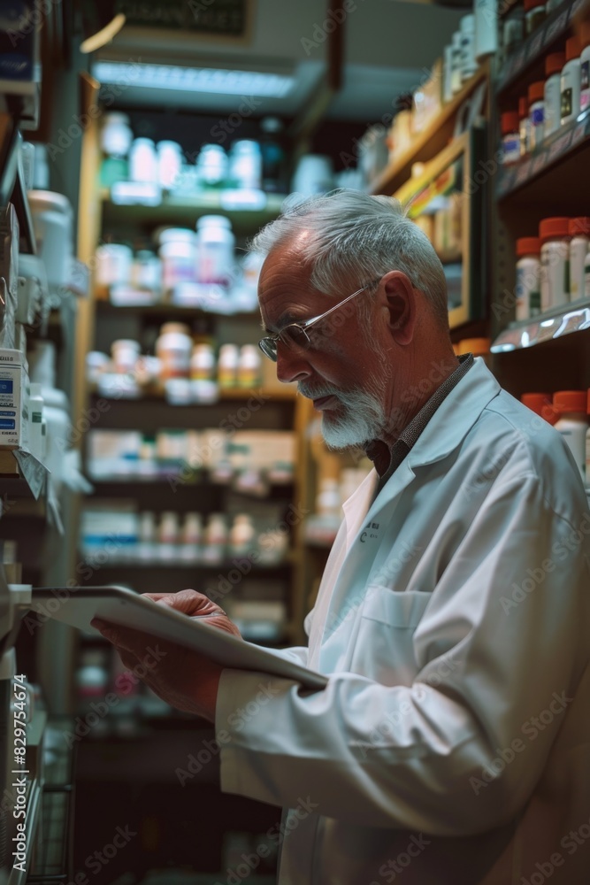 A man in a white lab coat is looking at a tablet while standing in a pharmacy. He is focused on the tablet, possibly checking for information or instructions