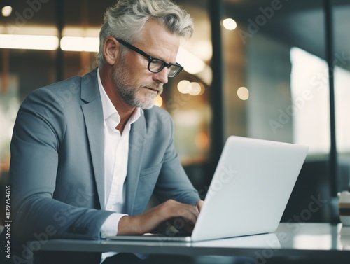 A man in a suit is typing on a laptop computer. He is wearing glasses and he is focused on his work. Concept of professionalism and productivity, as the man is dressed in a business suit