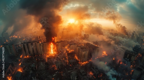 A cataclysmic scene as fire engulfs buildings at sunset  with heavy smoke covering the city landscape