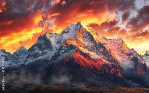 Sunset Glow Illuminating Snowy Mountain Majesty  Fiery Sunset Silhouettes Majestic Snowy Peaks Ai Generated