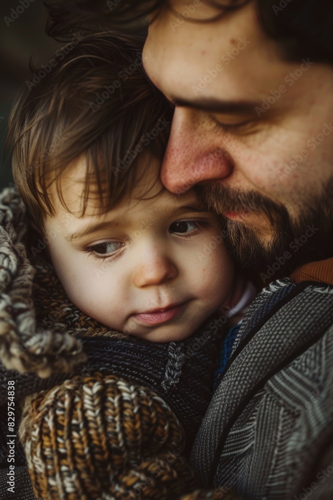 A man is holding a baby in his arms. The baby has a smile on its face. The man is wearing a sweater and a scarf. The scene is warm and cozy A man is holding a baby in his arms. The baby has a smile on its face. The man is wearing a sweater and a scarf. The scene is warm and cozy