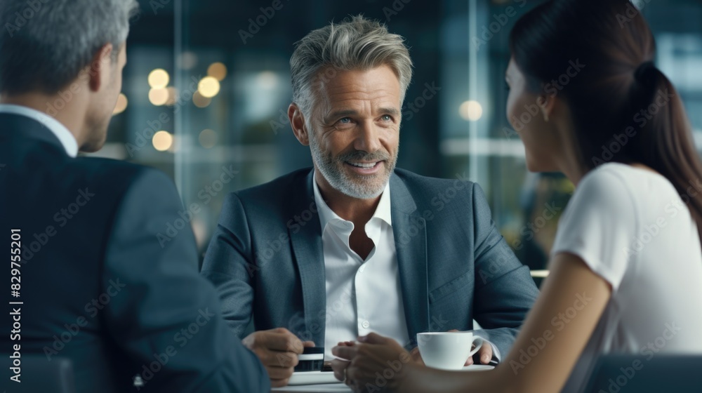 Three people are sitting at a table, one of them is smiling. They are all dressed in suits and ties Three people are sitting at a table, one of them is smiling. They are all dressed in suits and ties