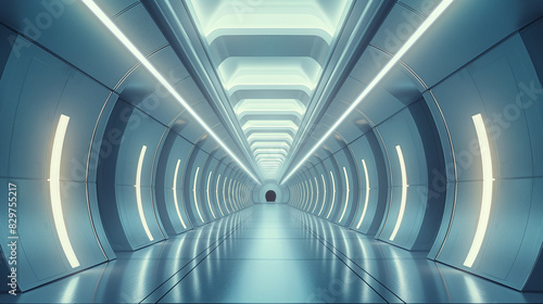 a corridor in a spaceship, interior of a spaceship with lighting in perspectiv, generative ai