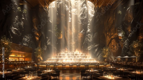A grand, mystical dining space with a cascading waterfall and golden lighting.