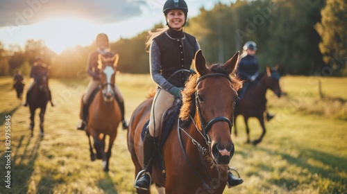 Group of people enjoying horseback riding in a sunny countryside field, showcasing joy and nature during an equestrian adventure.