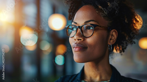Thoughtful young woman with glasses. Close up of a thoughtful young Black woman with glasses looking up at copy space with a cityscape in the background