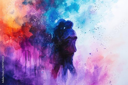 A painting of two people hugging in a colorful background. The painting conveys a sense of love and warmth