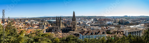 Aerial panorama of the city of Burgos in Spain, with the cathedral temple Catedral Basílica Metropolitana de Santa María in the center and on a clear day