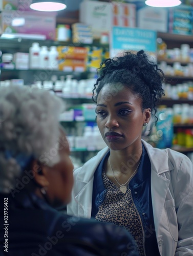 A woman in a white lab coat is talking to an older woman in a pharmacy