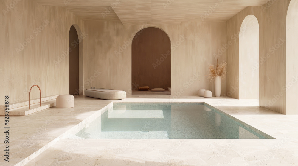 Spa, an indoor swimming pool with room around it, in the style of minimalist ceramics, beige haptic surface, soft and dreamy atmosphere. Spa, an indoor swimming pool with room around it, in the style of minimalist ceramics, beige haptic surface, soft and dreamy atmosphere.
