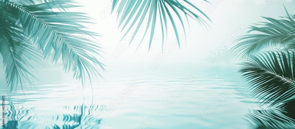 Banner, green nature background, tropical plant leaves, palm leaves and water, a light background. Copy space.	