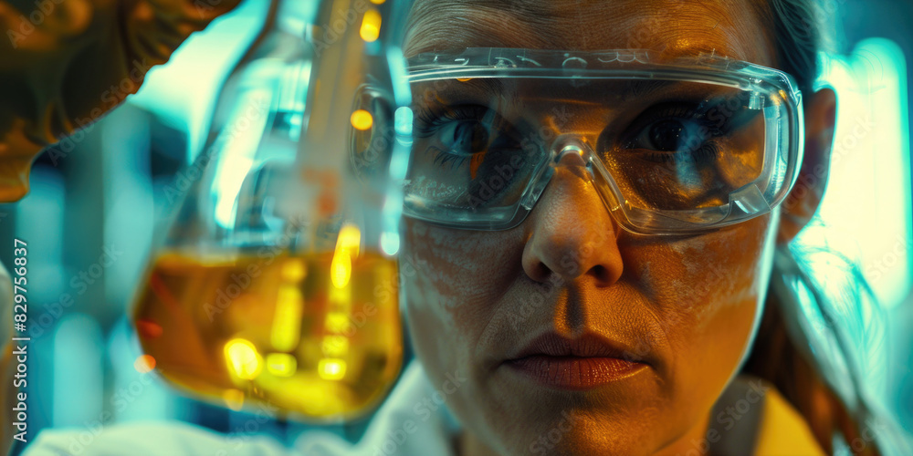 A woman wearing safety goggles is holding a beaker of yellow liquid. Concept of caution and scientific exploration A woman wearing safety goggles is holding a beaker of yellow liquid. Concept of caution and scientific exploration