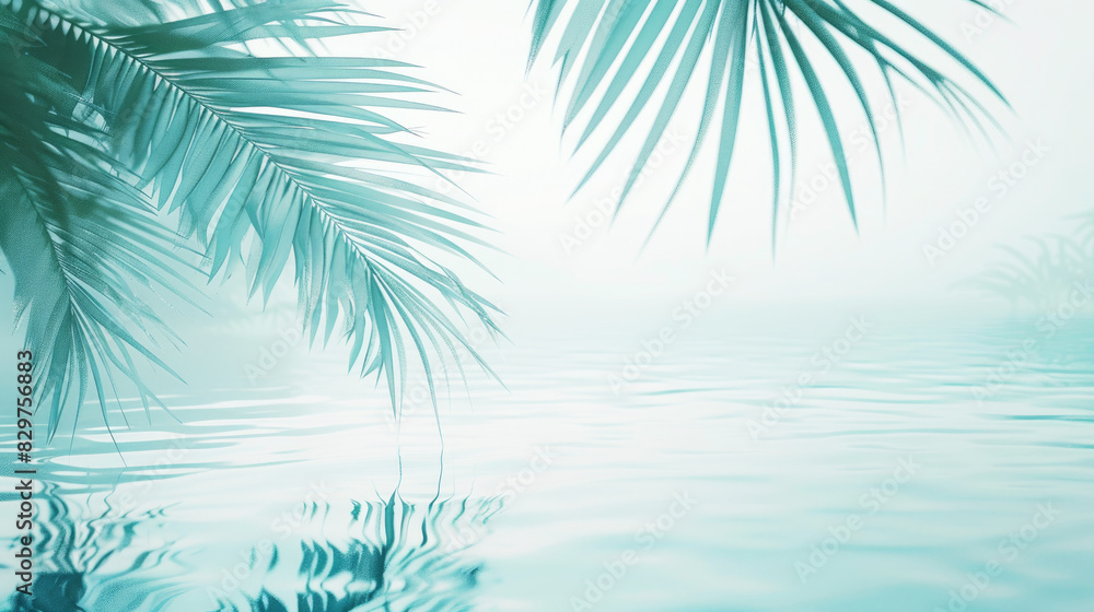 Green nature background, tropical plant leaves, palm leaves and water, a light background. Copy space.	