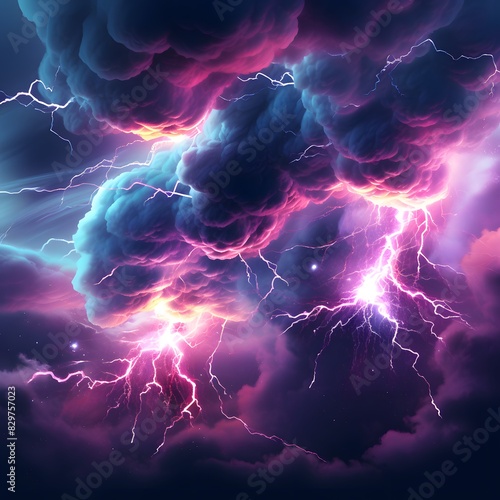 Storm clouds with thunderstorm lightning. Generative AI. photo