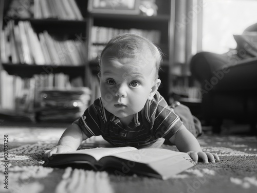 A baby is laying on the floor with an open book in front of him. The baby is looking at the book, and the scene is peaceful and calm