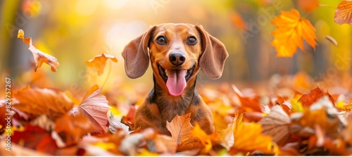 Joyful dachshund puppy happily frolicking in colorful autumn leaves, showing its tongue photo
