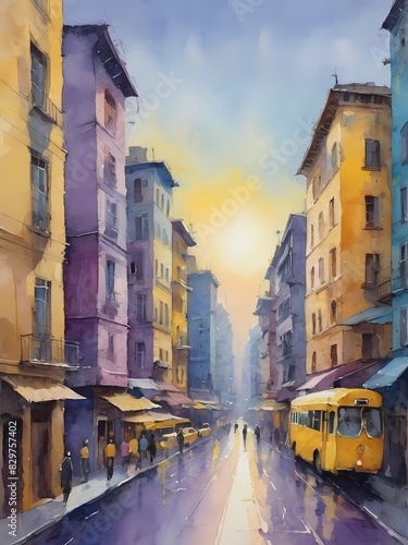 Colored painting of a Cityscape indigo and yellow purple generative AI illustration