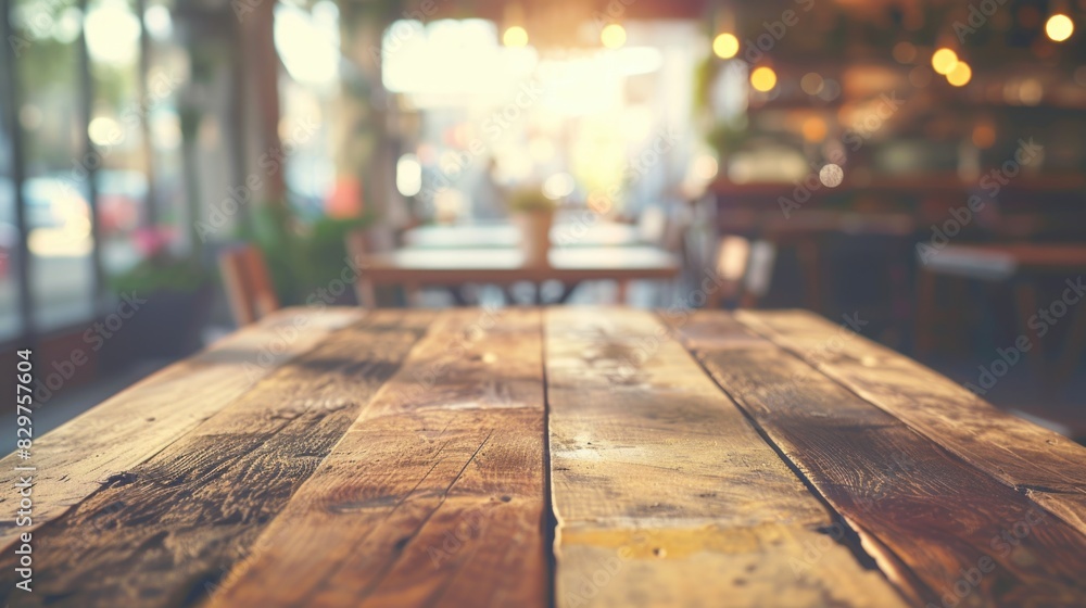A wooden table with a view of a restaurant A wooden table with a view of a restaurant