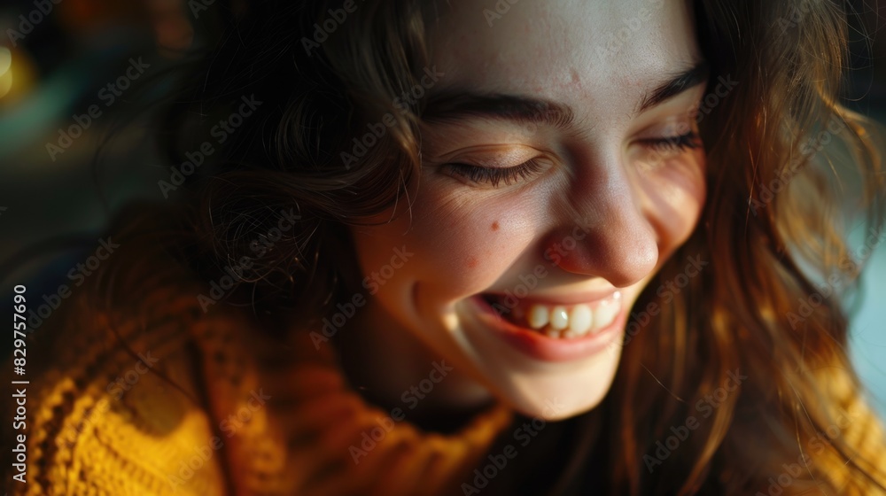 A woman with long brown hair is smiling and wearing a yellow sweater. She has a bright, happy expression on her face A woman with long brown hair is smiling and wearing a yellow sweater. She has a bright, happy expression on her face