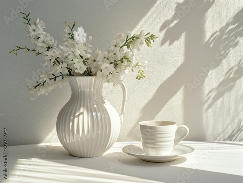 A white vase with white flowers sits on a table next to a white coffee cup. The flowers add a touch of natural beauty to the scene