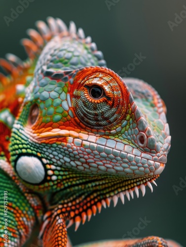 A colorful lizard with a green and red face © vefimov
