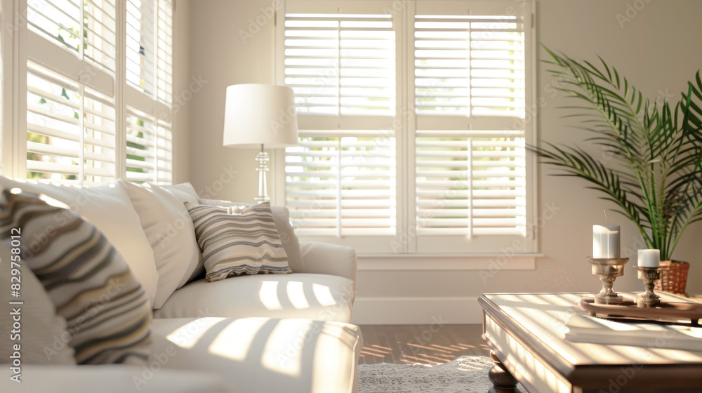 Bright living room in a classic style with white wooden blinds on the windows. Blinds as an option for protection from excessive sunlight. Bright living room in a classic style with white wooden blinds on the windows. Blinds as an option for protection from excessive sunlight.