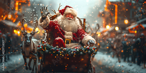 Santa Claus joyfully waves while riding in a sleigh pulled by reindeers through snow photo