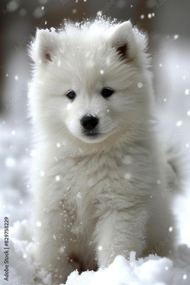 Cute samoyed puppy frolicking in snow with a mischievous twinkle in its expressive eyes