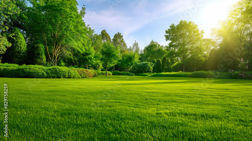 Garden with green trees surrounding wide-angle lawns. Landscapes photography. 