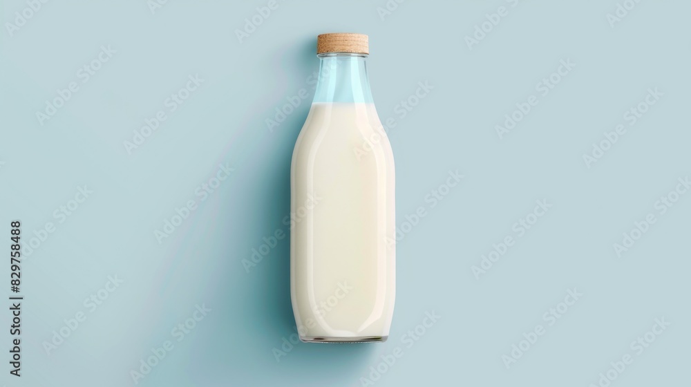 A glass bottle of milk is sitting on a blue surface. The bottle is clear and has a cork stopper A glass bottle of milk is sitting on a blue surface. The bottle is clear and has a cork stopper