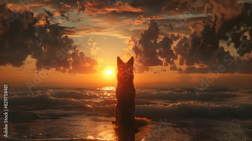 A red eye fox on a beach at sunset photo