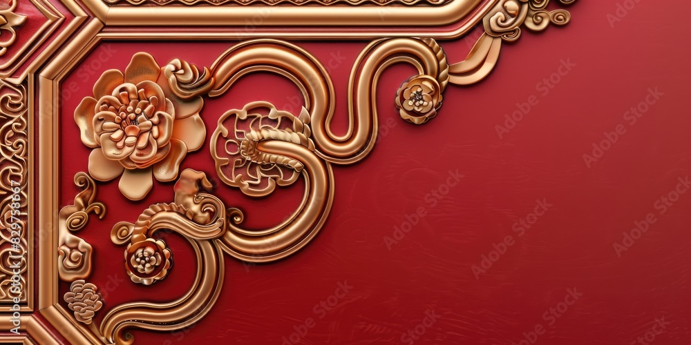 A red background with gold flowers and vines. The flowers are in the center and the vines are on the left and right side A red background with gold flowers and vines. The flowers are in the center and the vines are on the left and right side