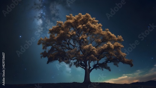 Scenery of a tree against a starry night sky Generative AI