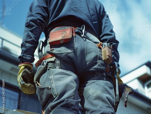 A man in a blue shirt and jeans is wearing a pair of work gloves and a tool belt