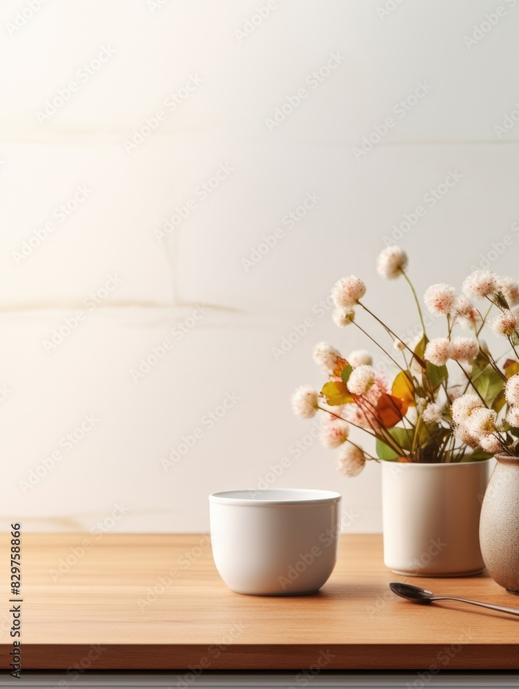 A white coffee cup sits on a wooden table next to two vases of flowers. Concept of calm and relaxation, as the flowers