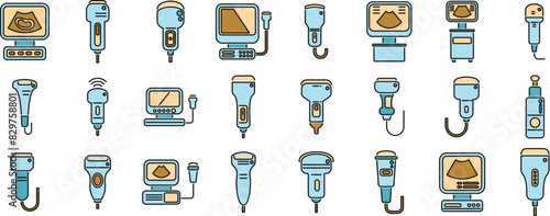 Sonograph icons set outline vector. Clinic device. Doctor diagnosis thin line color flat on white