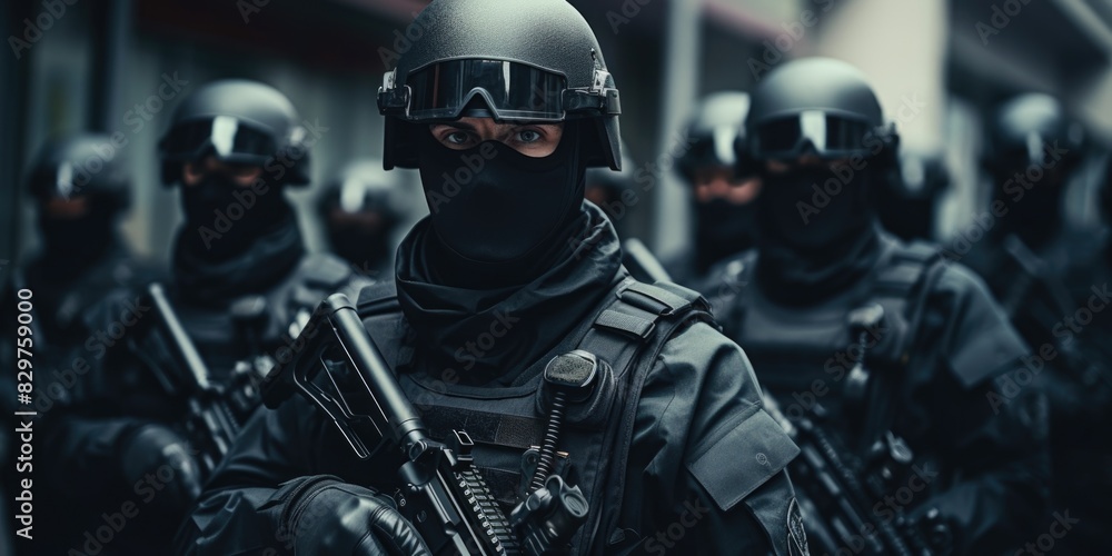A group of soldiers stand in formation, all wearing black uniforms and helmets. They are all holding guns and appear to be ready for action. Scene is serious and focused A group of soldiers stand in formation, all wearing black uniforms and helmets. They are all holding guns and appear to be ready for action. Scene is serious and focused
