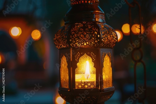 A lantern with a candle inside is lit up in the dark. The lantern is hanging from a chain
