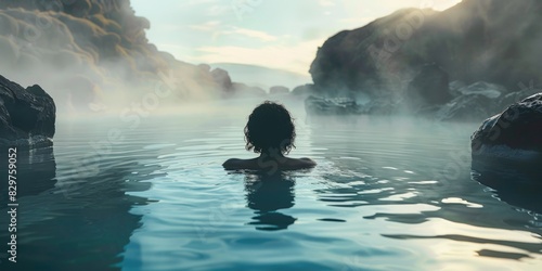 A woman is swimming in a body of water with steam rising from the surface. The scene is serene and peaceful  with the woman being the only person in the water