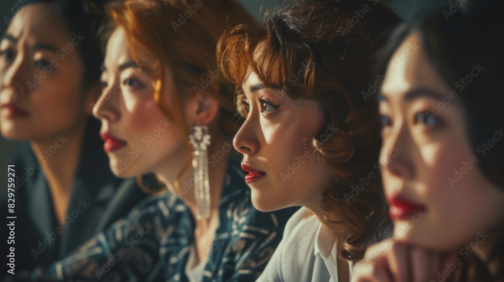 Four women are sitting together, one of them wearing a red dress. They are all looking at something, but it's not clear what it is. Scene is somewhat mysterious and intriguing Four women are sitting together, one of them wearing a red dress. They are all looking at something, but it's not clear what it is. Scene is somewhat mysterious and intriguing